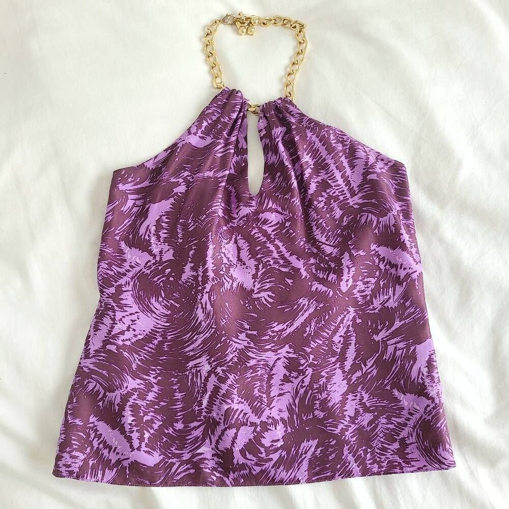 Milly of New York Chain Keyhole Halter Top‎ Women's 6 Purple Abstract 100% Silk